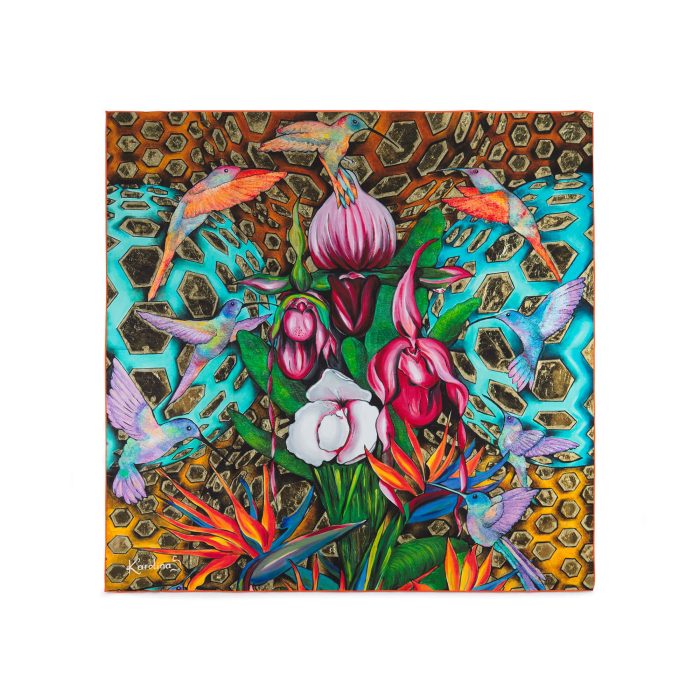CarolynArt 100% selyem (Pes) kendő, Papagájvirág 90x90 cm - Image 1