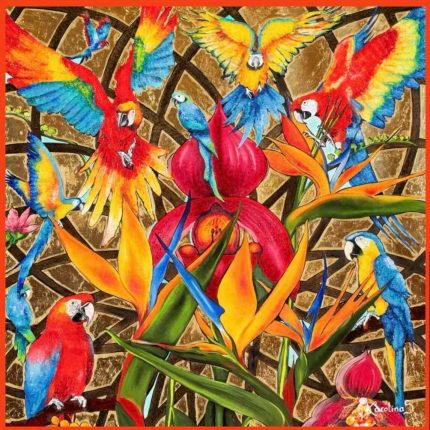 CarolynArt 100% selyem kendő, Papagáj-Ara  90x90cm