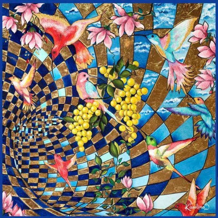 CarolynArt 100% selyem kendő, Kolibrik Szabadon Blue  90x90cm - Image 1