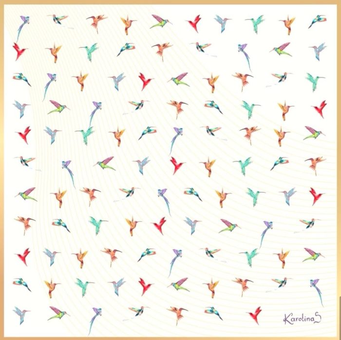 CarolynArt 100% selyem kendő, Kolibrik Fehérben I.  90x90cm - Image 1