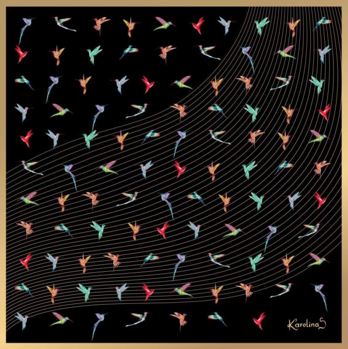 CarolynArt 100% selyem kendő, Kolibrik Black - Silk Twill  90x90cm - 01-144 - Image 1