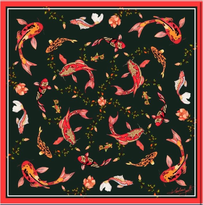 CarolynArt 100% selyem kendő, Koi-in Black - Silk Twill  90x90cm - Image 1