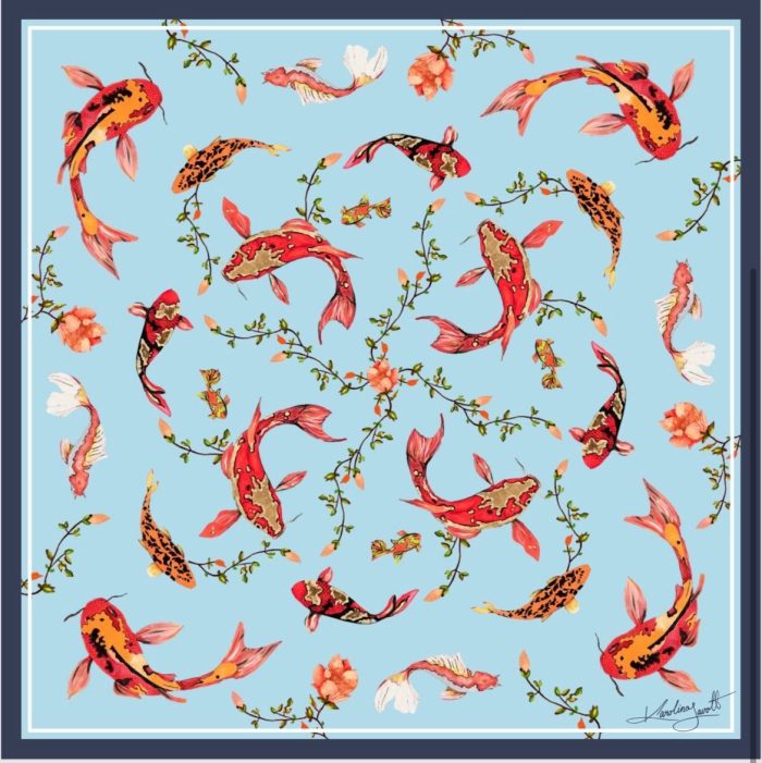 CarolynArt 100% selyem kendő, Koi-in Blue - Silk Twill  90x90cm - Image 1