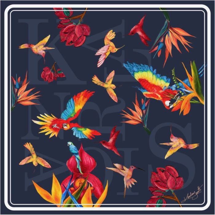 CarolynArt 100% selyem kendő, Papagájvirág - Blue  - Silk Twill  90x90cm - 01-142 - Image 1