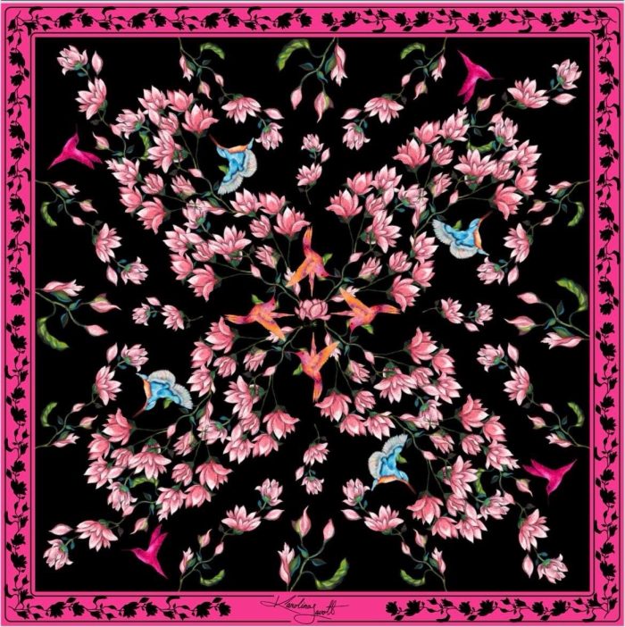 CarolynArt 100% selyem kendő, Kolibrik - pink kerettel  - Silk Twill  90x90cm - Image 1