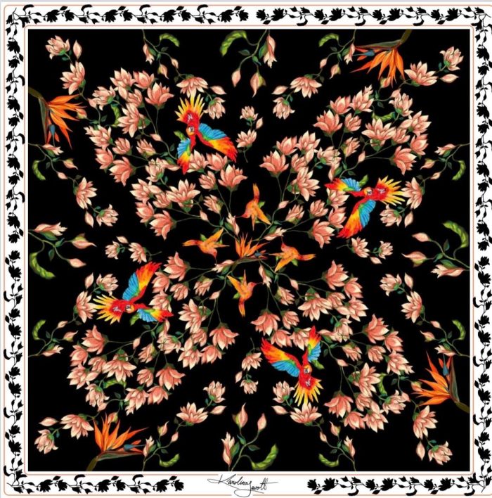 CarolynArt 100% selyem kendő, Kolibrik - fehér kerettel  - Silk Twill  90x90cm - Image 1