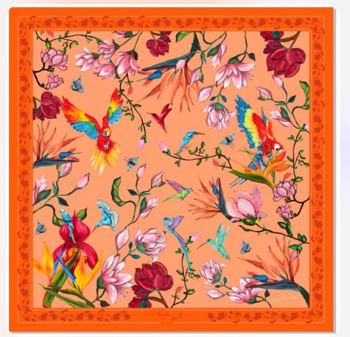 CarolynArt 100% selyem kendő - ara - kolibri - orange  90x90cm - Image 1