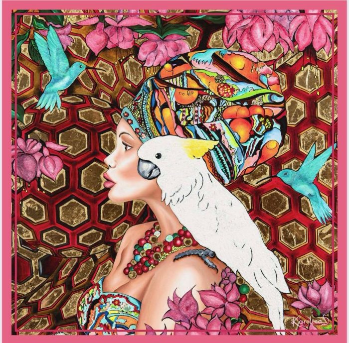 CarolynArt 100% selyem kendő - ara - kakadu  90x90cm - Image 1