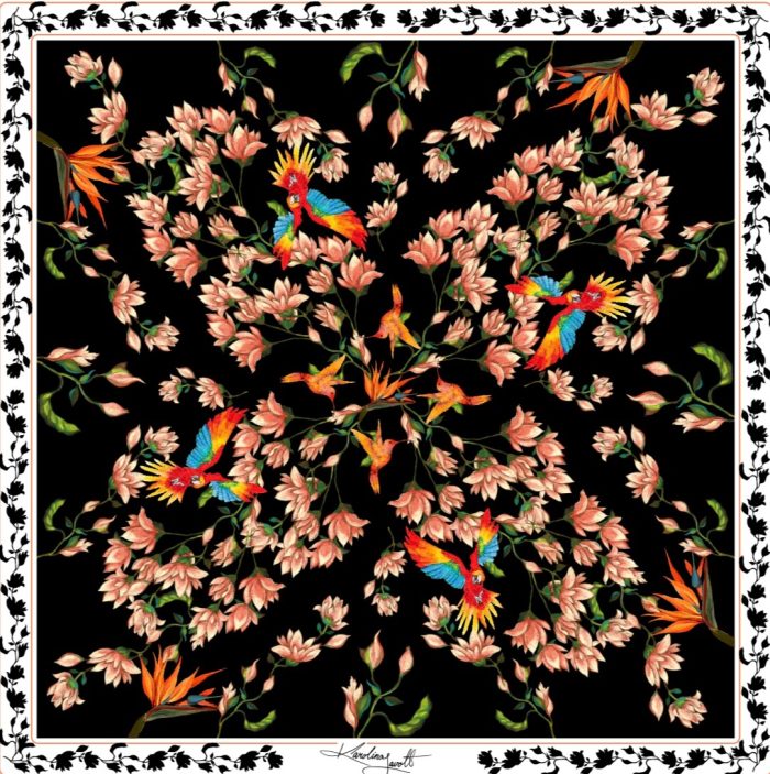 Carolynart Férfi Díszzsebkendő - Satin düsesz - Ara - Black flower, 25x25cm - Image 1