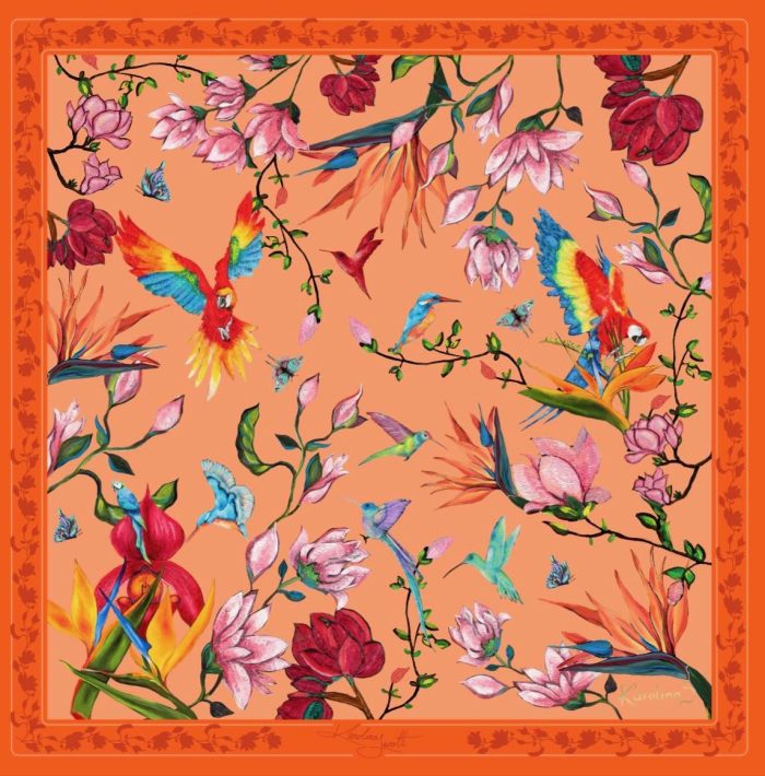 Carolynart Férfi Díszzsebkendő - Satin düsesz - Papagájvirág - Ara - orange, 25x25cm - Image 1