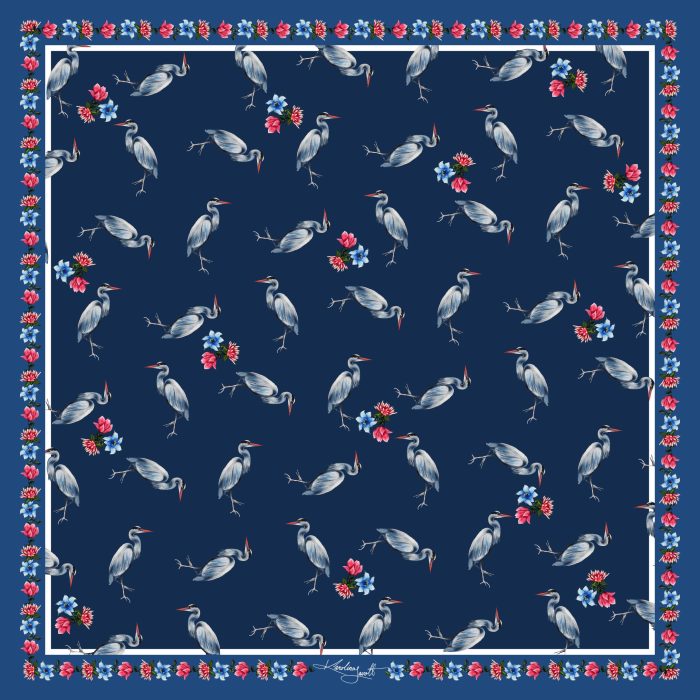 CarolynArt 100% selyemkendő - Blue Heron - Navy 90x90cm - Image 1